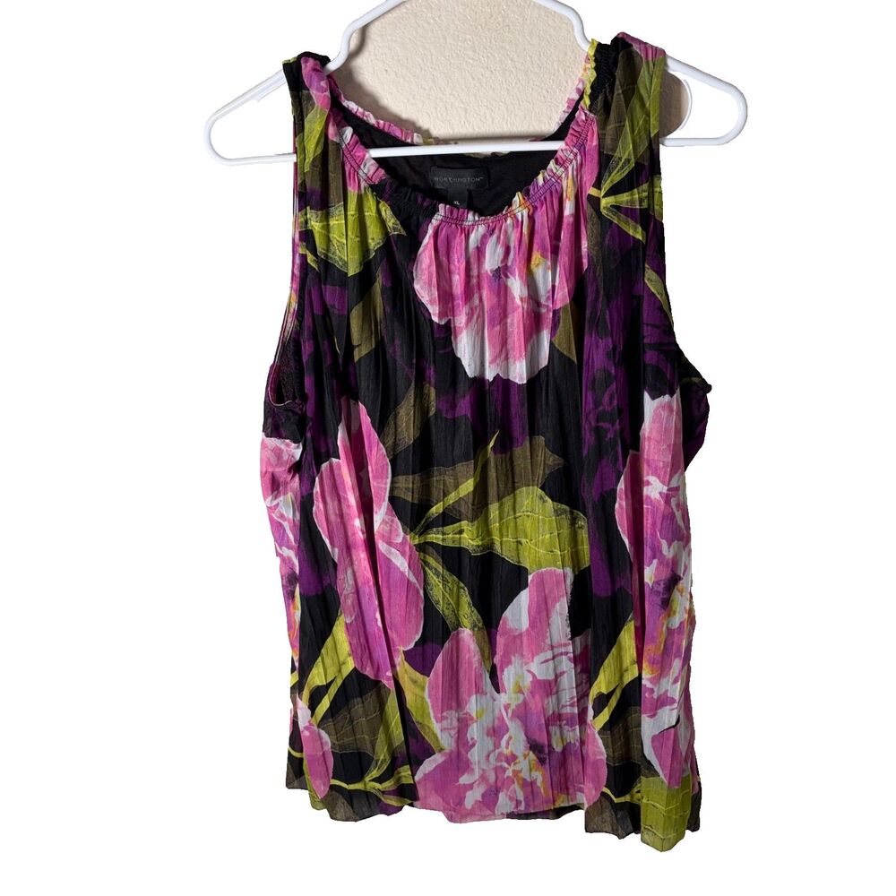 Worthington Blouse Women's XL Round Neck Sleeveless Ruffle Lined Floral Tank